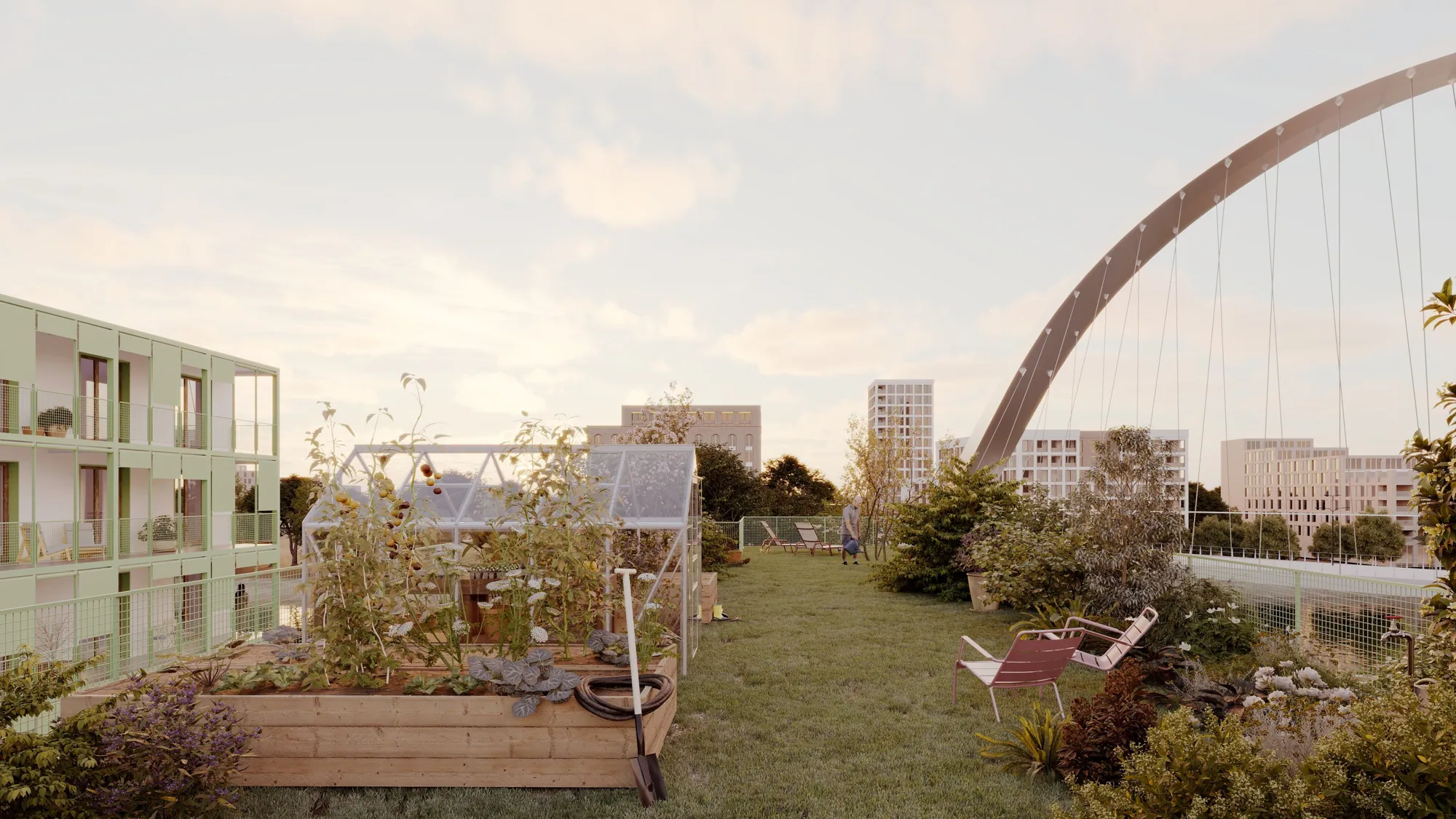 Perspective : jardin sur le toit et la passerelle