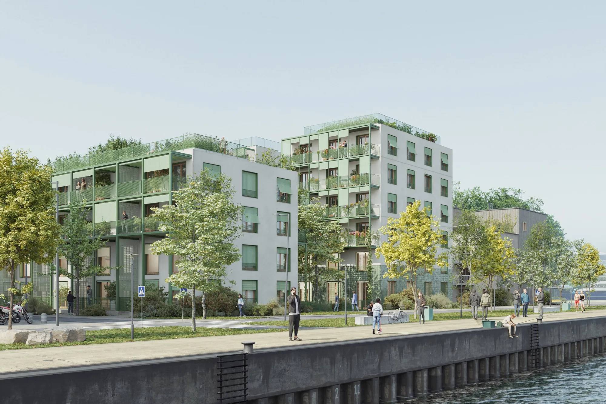 Perspective : le projet le long du quai, au soleil