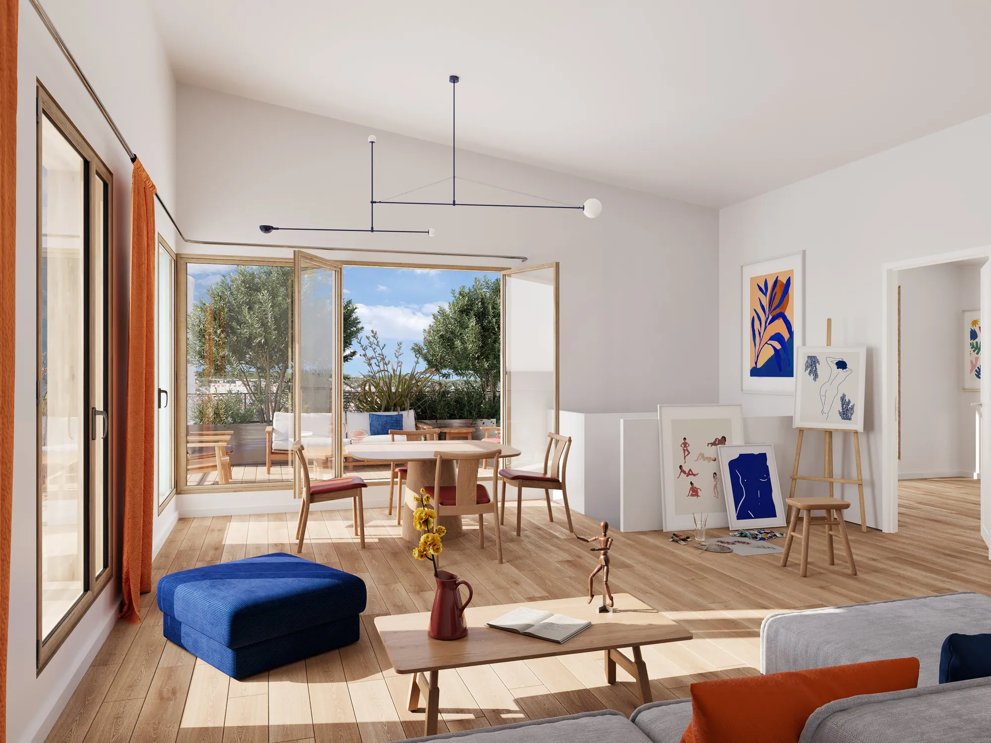 Perspective : salon lumineux ouvert sur un balcon