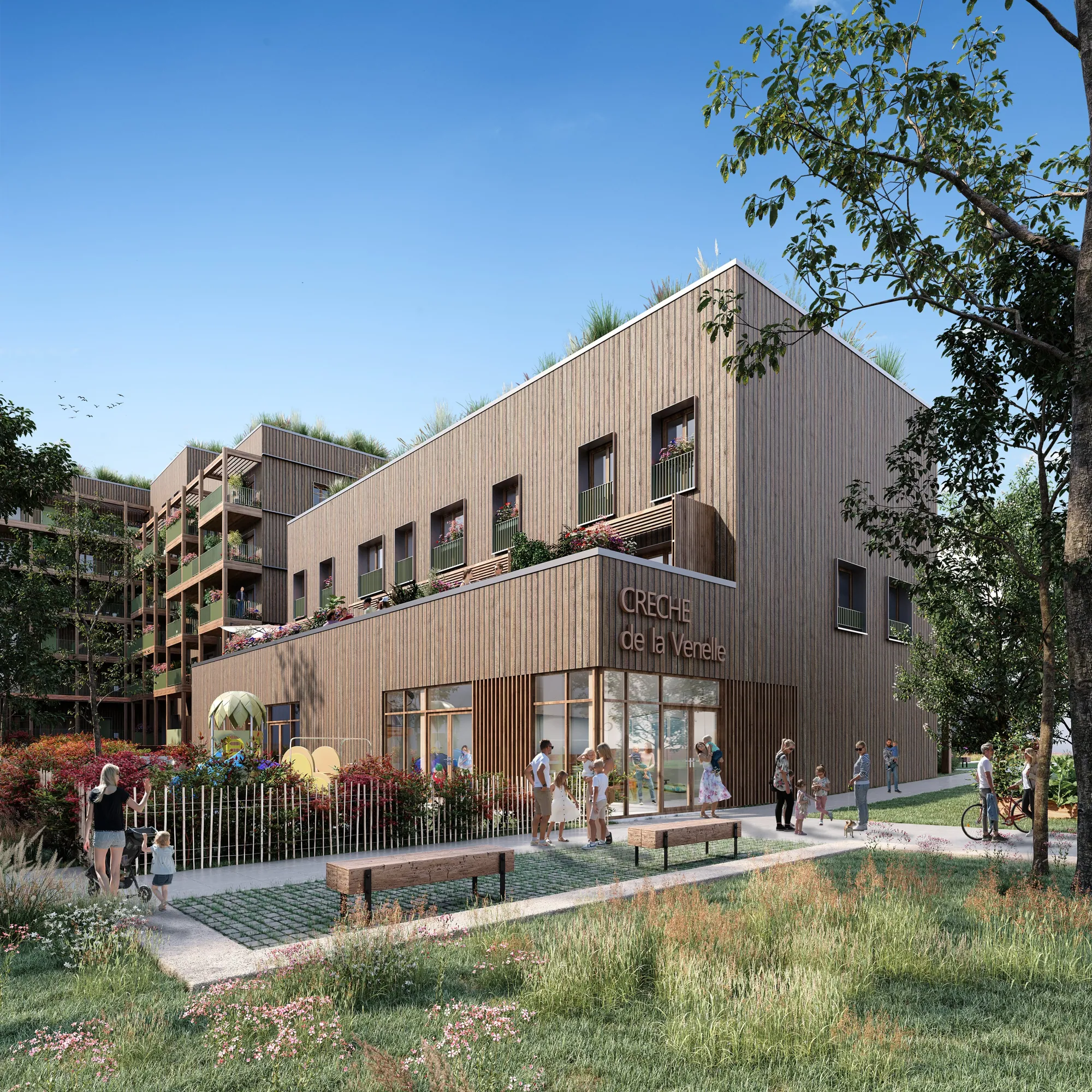 Bâtiment en bois avec la crèche en rez-de-chaussée