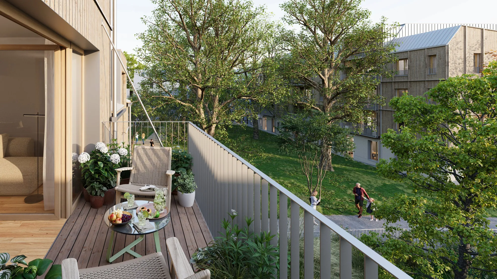 Terrasse en bois ouverte sur le cœur d'îlot