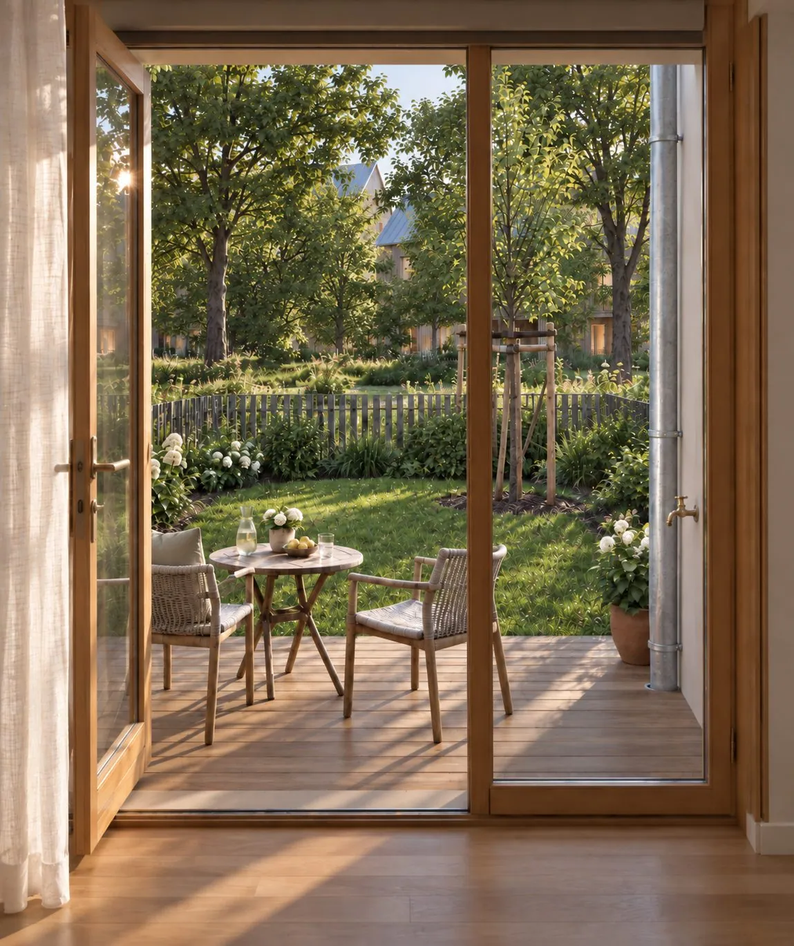 Porte-fenêtre ouverte sur un jardin (image d'ambiance)