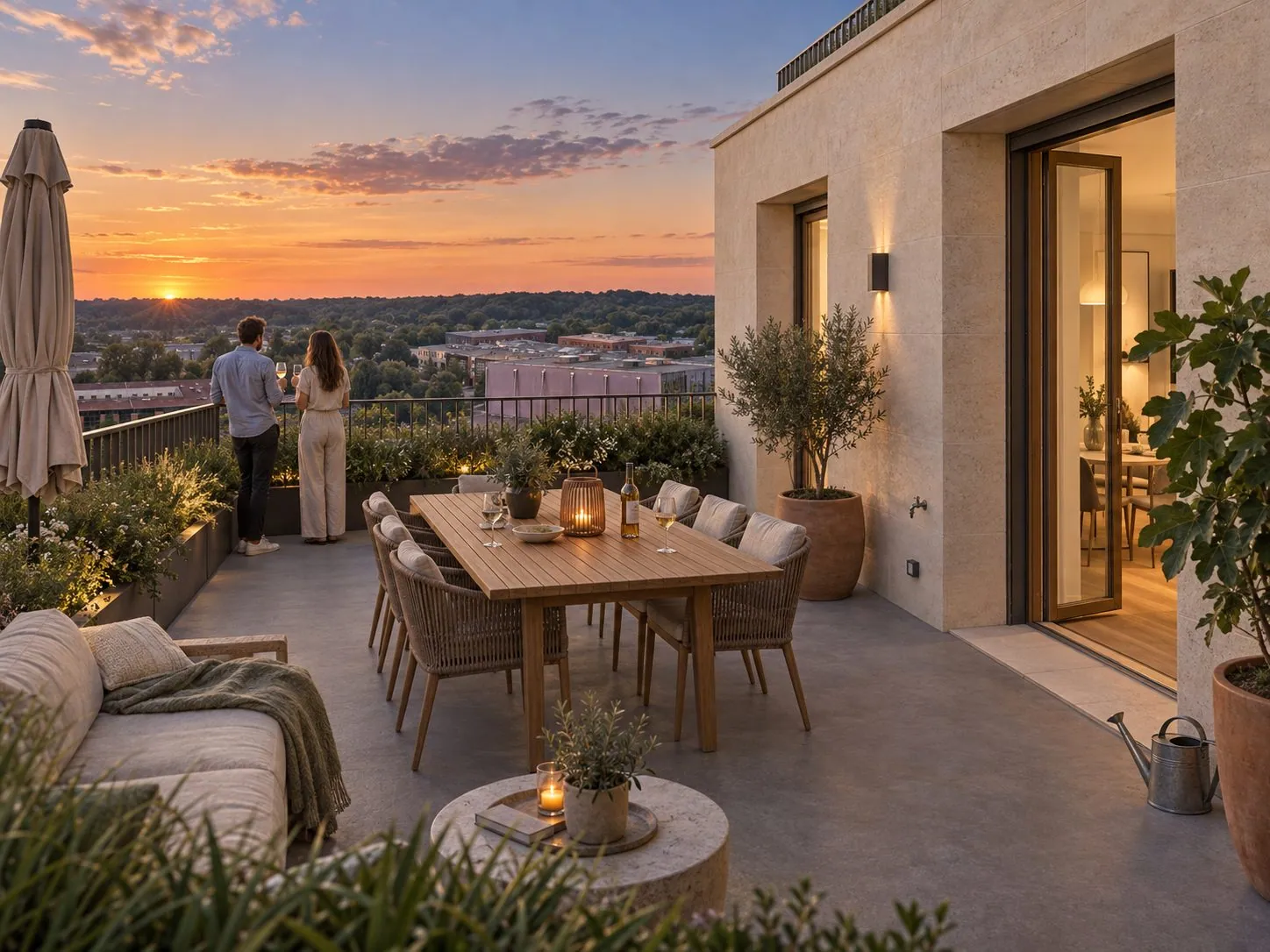 Terrasse avec table au coucher du soleil (image d'ambiance)