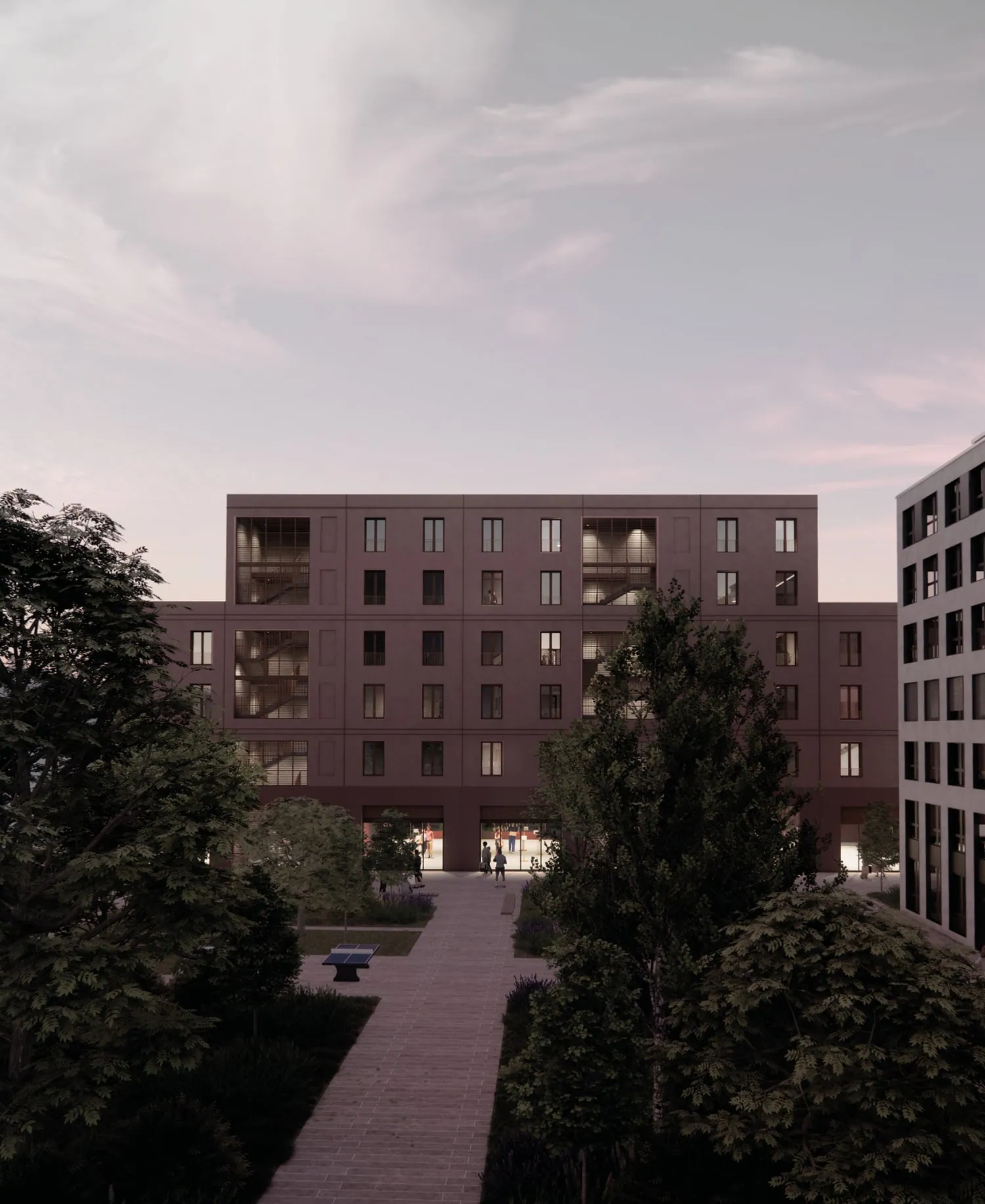 Allée plantée au crépuscule