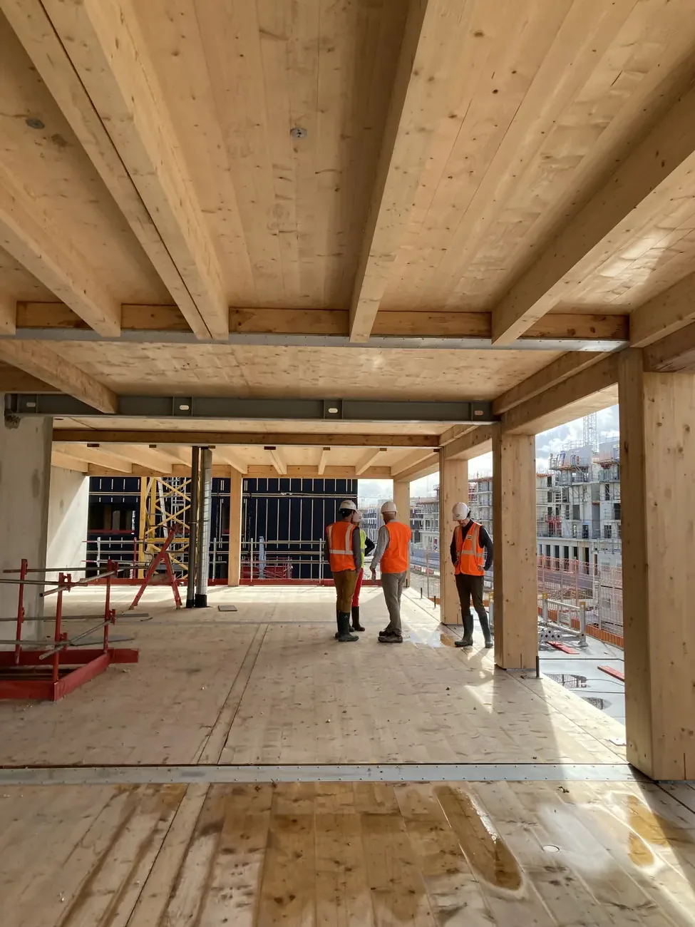 Compagnons au travail sur une structure bois